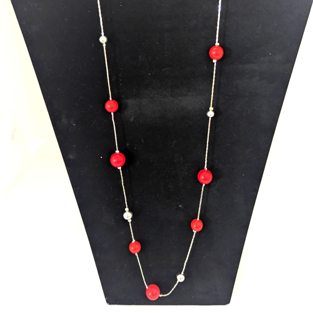 Set of Long Silver and Red Beaded Necklace with earrings